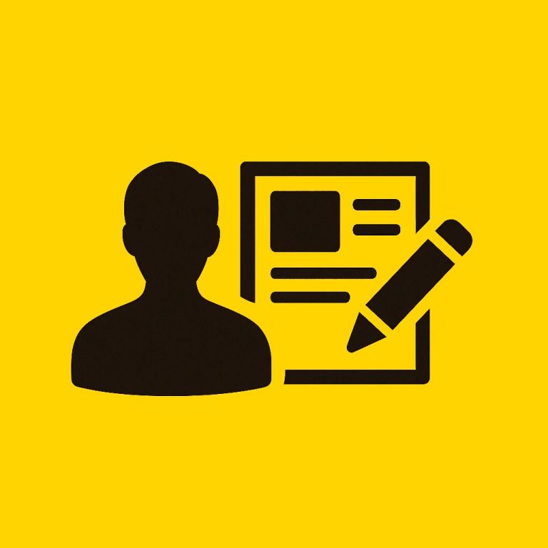 Silhouette of a person next to a document and pencil on a yellow background.