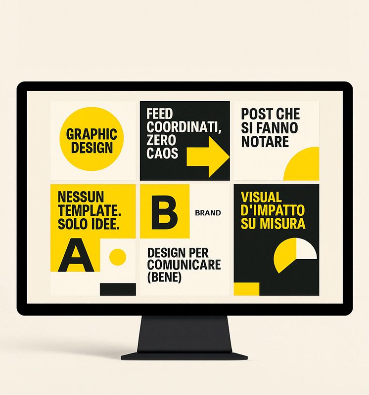 Design mockup featuring bold yellow and black graphics with text elements and shapes.